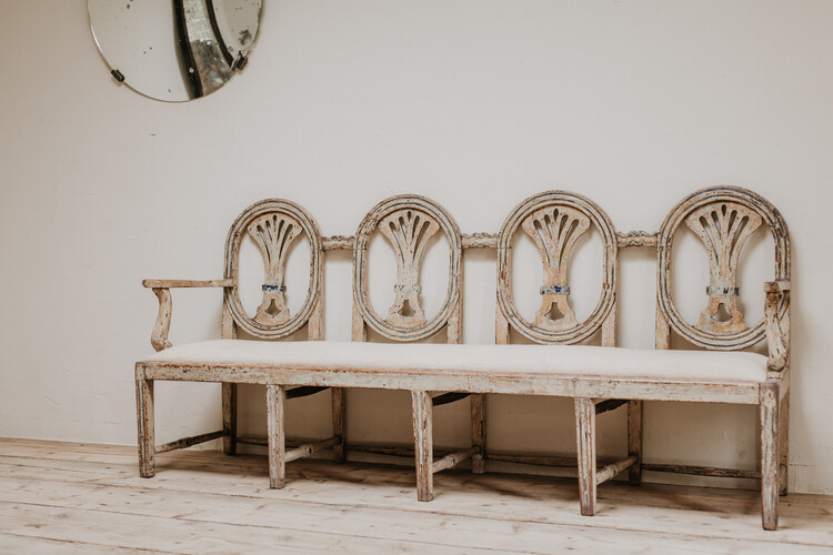 18th century spanish bench, Belgian linen upholstery ...