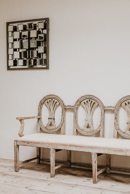 18th century spanish bench, Belgian linen upholstery ...