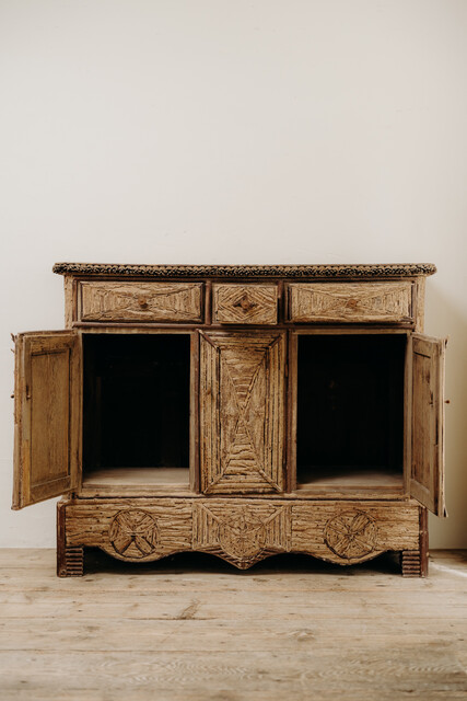 19th century French folkart buffet ... pinecones on oakwood ... 
