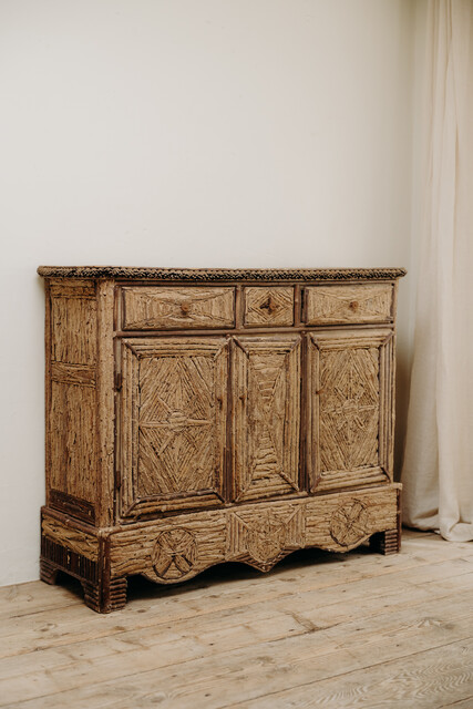 19th century French folkart buffet ... pinecones on oakwood ... 