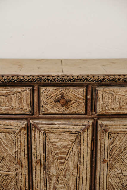 19th century French folkart buffet ... pinecones on oakwood ... 