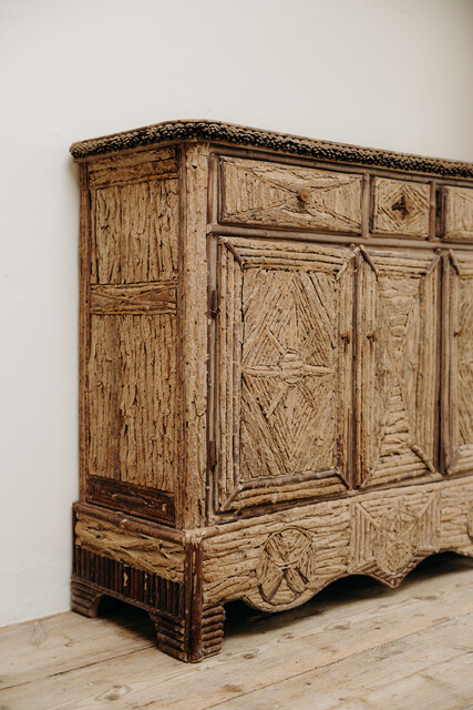 19th century French folkart buffet ... pinecones on oakwood ... 