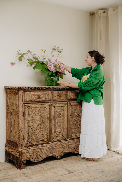 19th century French folkart buffet ... pinecones on oakwood ... 