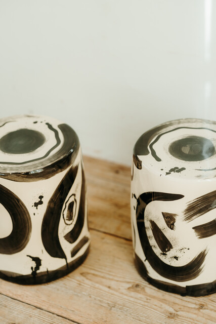 black and white glazed ceramic sidetables/stools ... 