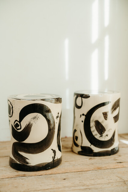 black and white glazed ceramic sidetables/stools ... 