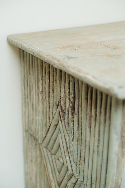 cedarwood/hazlenut twig chest of drawers .. rests of blue paint ..