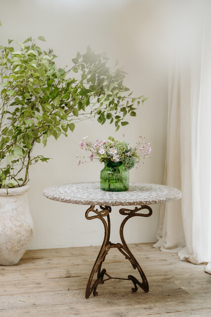French mosaic inlaid stone table on iron base ...