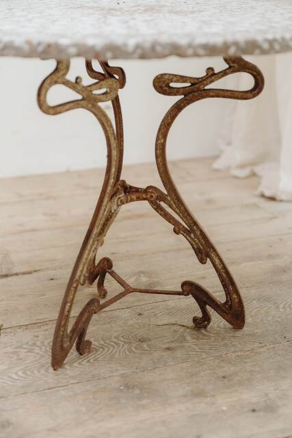 French mosaic inlaid stone table on iron base ...