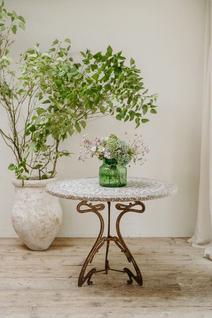 French mosaic inlaid stone table on iron base ...