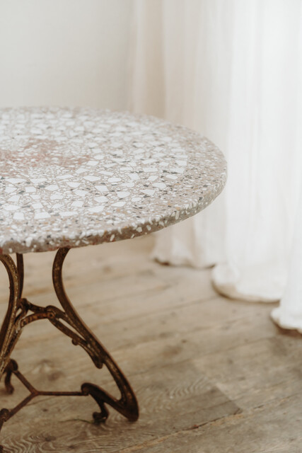 French mosaic inlaid stone table on iron base ...