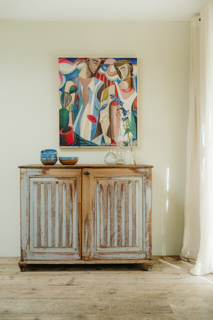 Gustavian pine cabinet, reeded panels with rests of old blue paint ...