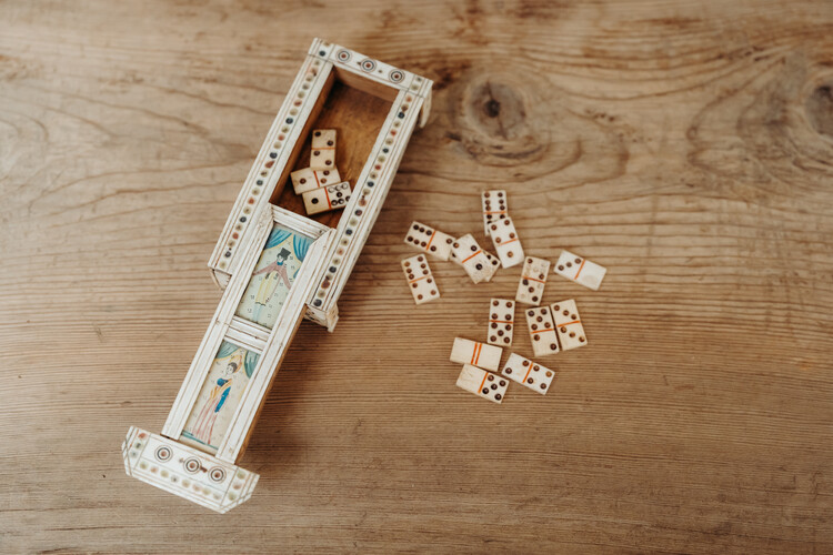 Napoleontic domino box ...bone and pigment ..