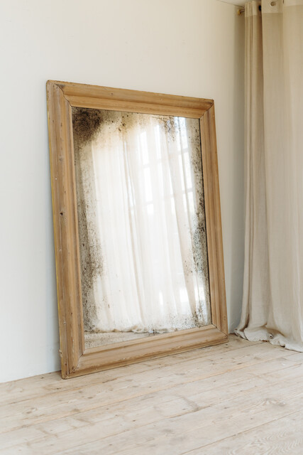 pinewood framed mirror ...foxed mirror glass ...