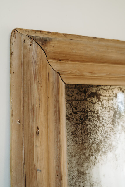 pinewood framed mirror ...foxed mirror glass ...