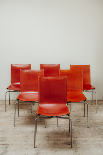 set of six Fabiaan van Severen crossed legs red leather chairs ...