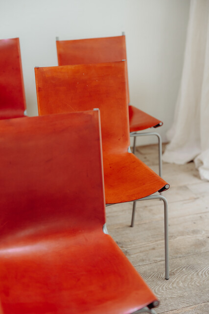 set of six Fabiaan van Severen crossed legs red leather chairs ...