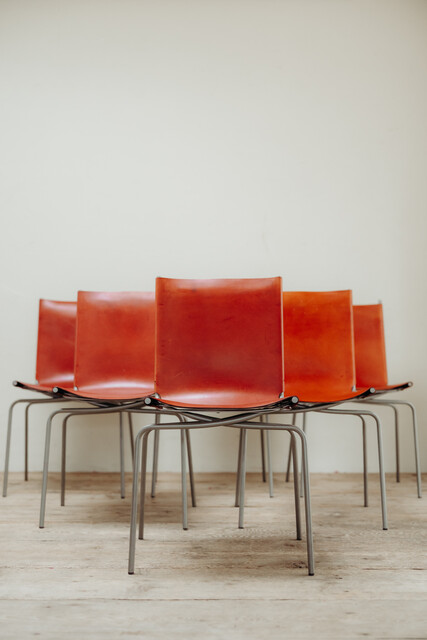set of six Fabiaan van Severen crossed legs red leather chairs ...